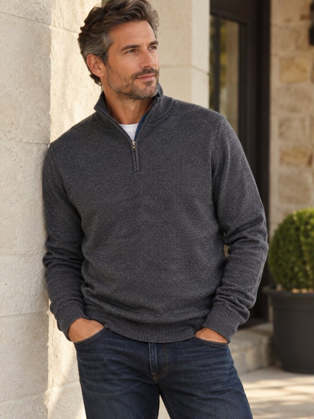 ROBERT GRAHAM Mens Charcoal Textured Quarter Zip Sweater Quiet Luxury Casual XL